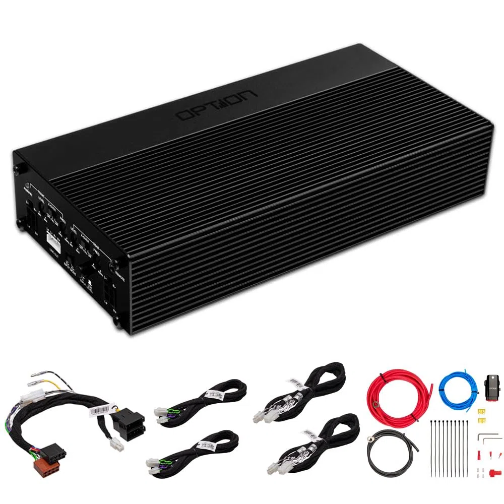OPTION AIR-D4 4-Kanal Verstärker – Class-D Endstufe mit 4x 100/165 WRMS (2/4 Ohm) - 2x 330 WRMS (4 Ohm) - High Level In - inkl. Remote-Pegelregler - inkl. Plug & Play ISO Anschlusskit