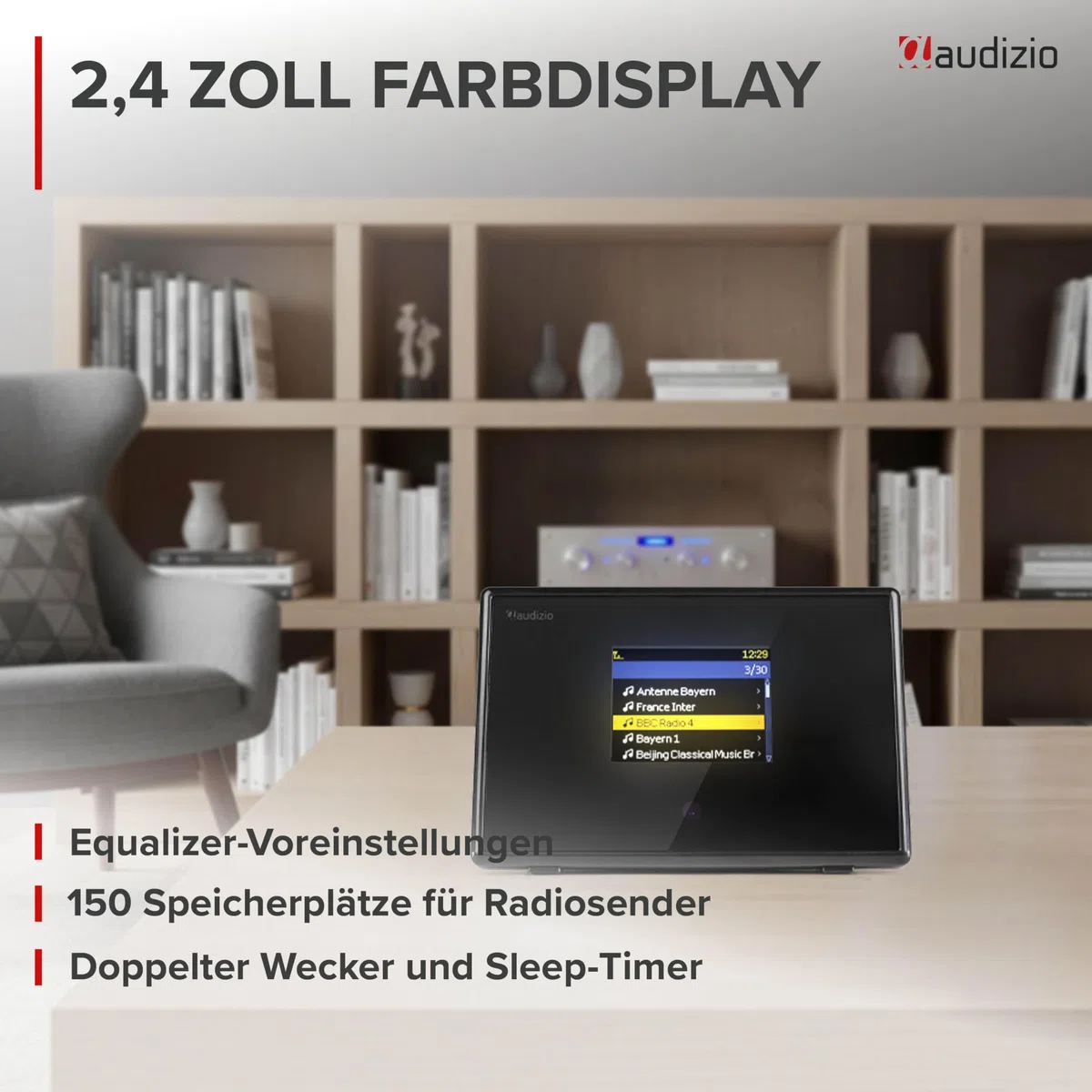 Audizio Turin Internetradio Adapter WLAN & Bluetooth - WLAN Radio Tuner für Stereoanlage & Aktivboxen - Internet Radio Receiver - 2,4" Farbdisplay, Line-Out, Wecker & Fernbedienung - Schwarz