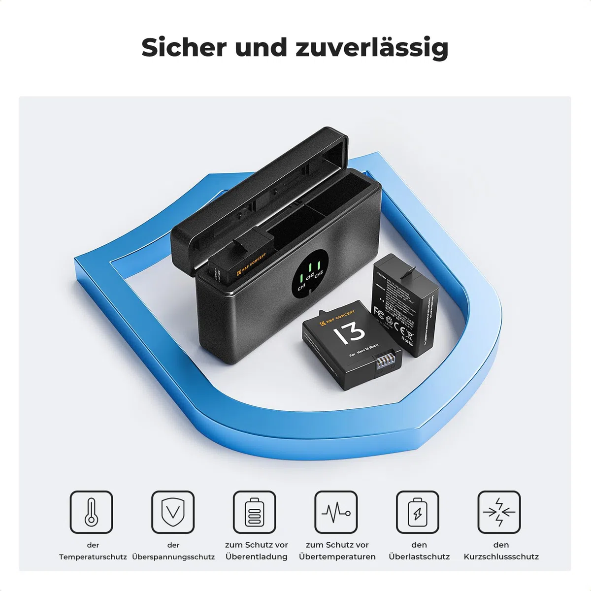 K&F CONCEPT Hero 13 Kamera Akku 2100mAh, Dreifach-Power, Dreifach-Slot mit Organizer Typ LED-Ladegerät-Kit kompatibel mit GoPro13 Black