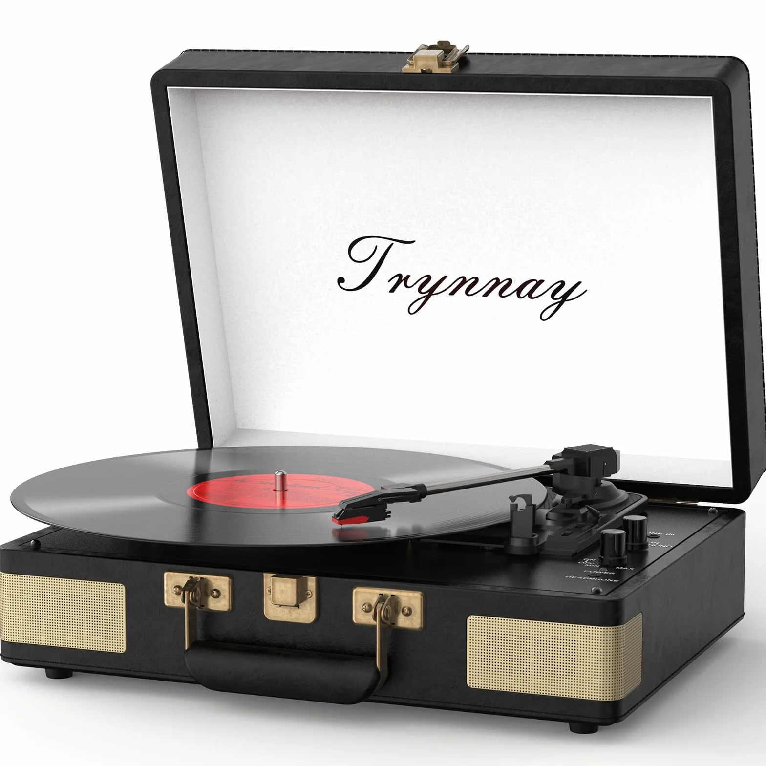 Trynnay Plattenspieler Schallplattenspieler 3-Gang-Bluetooth, tragbarer Koffer-Vinyl-Player mit integrierten Lautsprechern, Plattenspieler, verbesserter Audio-Sound, PU-Leder, Vintage Black