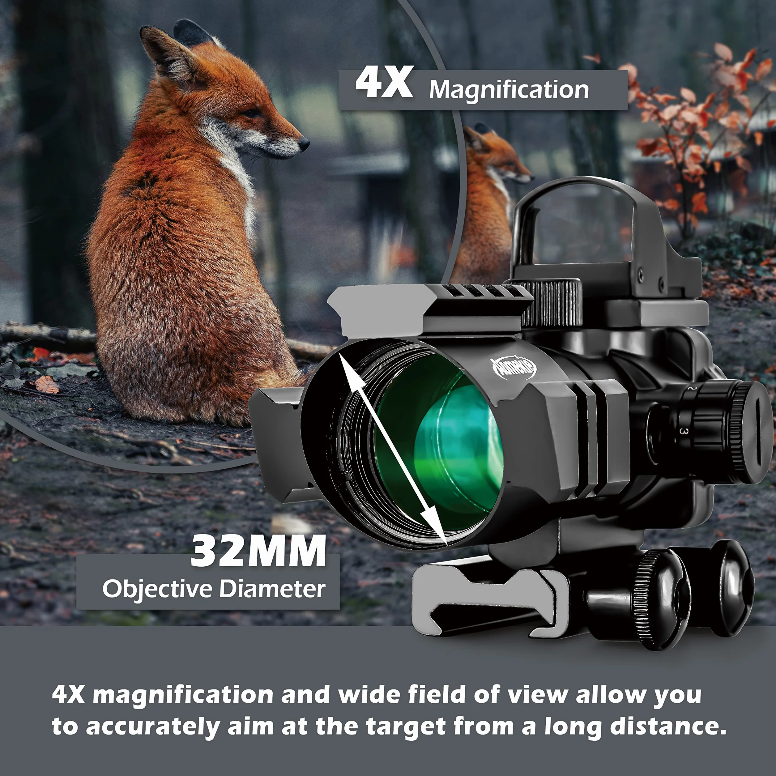 AOMEKIE Zielfernrohr 4x32mm mit 20mm/22mm Schiene Airsoft Red Dot Visier Sight Leuchtpunktvisier Rotpunktvisier für Jagd Softair und Armbrust
