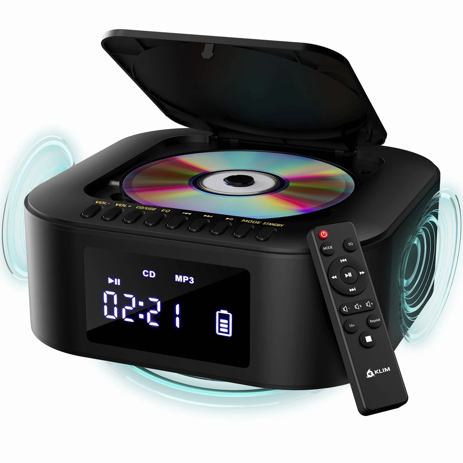 KLIM Boombox E1 Radio mit CD Player - BASS Boost mit Tieftöner - FM Radio, MP3, Bluetooth, AUX, USB - CD Player tragbar mit kabellosem Modus und aufladbaren Akku - Mit Fernbedienung - Schwarz/Gold
