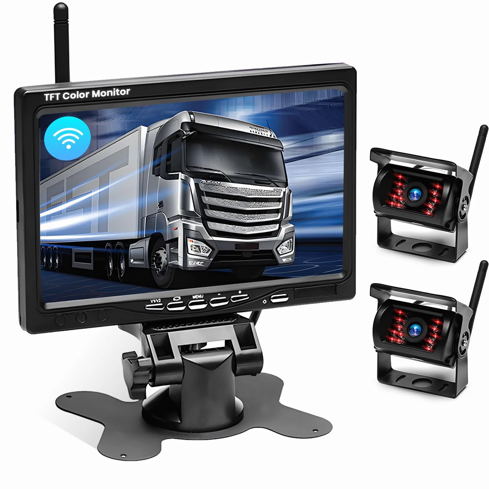 Kabelloses Rückfahrkameraset mit 7-Zoll-Bildschirm und 2 Wireless Rückfahrkameras, Nachtsicht, BSD, IP67 Wasserdicht, für Wohnmobile, LKWs und Wohnwagen, DC 12-24V