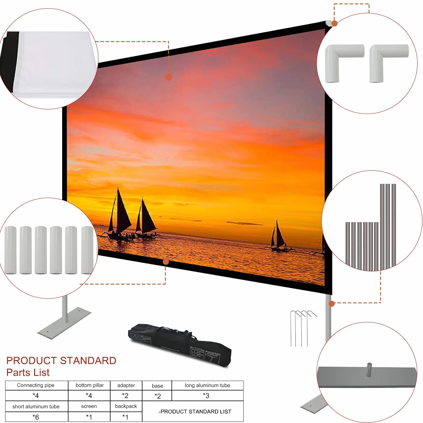 Projektion Leinwand mit Stand 100 Zoll HD 4K Outdoor Indoor Projector Screen Schnelles Falten Tragbare Filmleinwand 16: 9 Full-Set-Tasche für Heimkino, Camping und Freizeitveranstaltungen