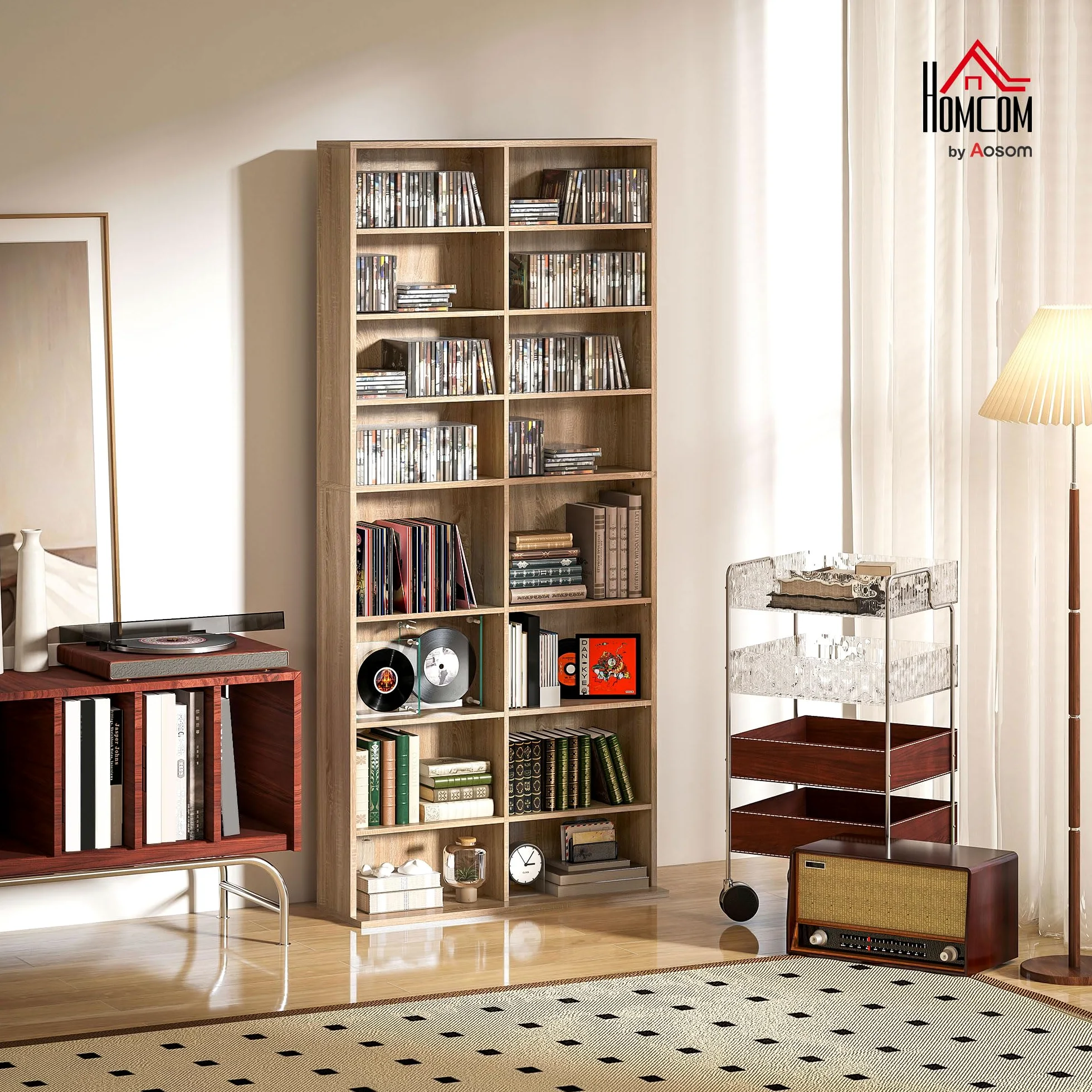 HOMCOM CD DVD Blueray Regal CD-Ständer für bis zu 640 CDs oder 360 DVDs oder 430 Blurays Aufbewahrung mit verstellbaren Regal Bücherregal Medienregal fürs Wohnzimmer 78,5 x 24 x 175 cm, Naturholz