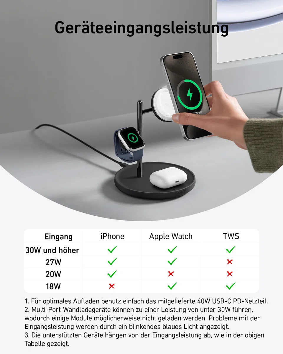 Anker MagGo 3-in-1 Kabellose Ladestation, 15W kabelloser Ladeständer, MagSafe-kompatibel, Qi2-zertifiziert, für iPhone 17/16/15/14 Serie, AirPods Pro, Apple Watch Ultra (Mit USB-C Netzteil und Kabel)