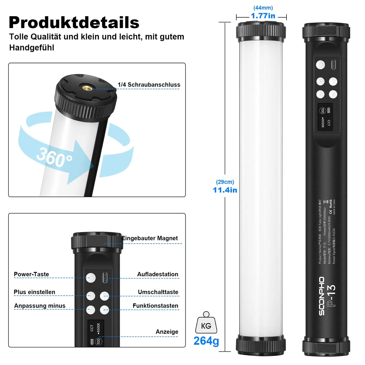 Soonpho 2 Pack Leuchtstab RGB Light Tube Stick LED Lichtstab Studio mit 4000mAh Akku,CRI 97+,2500K-8500K,Einstellbare Helligkeit 21 Effekte für TikTok,YouTube