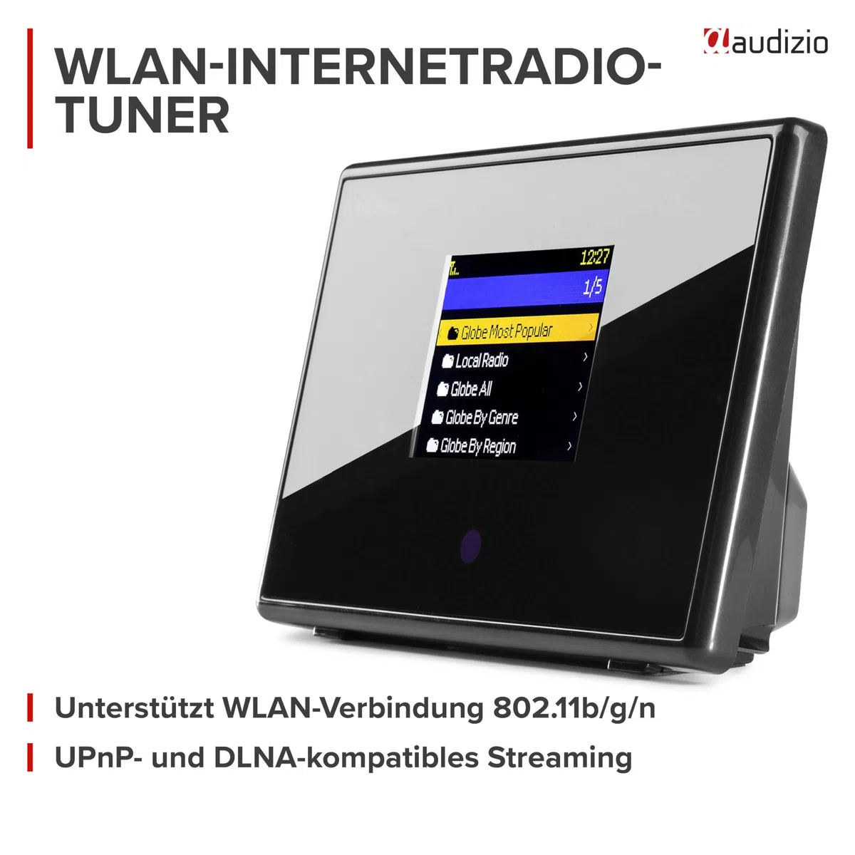 Audizio Turin Internetradio Adapter WLAN & Bluetooth - WLAN Radio Tuner für Stereoanlage & Aktivboxen - Internet Radio Receiver - 2,4" Farbdisplay, Line-Out, Wecker & Fernbedienung - Schwarz