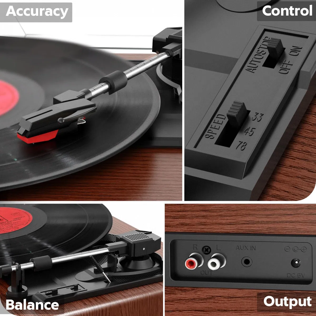 FYDEE Plattenspieler, Bluetooth 5.4 Schallplattenspieler mit Einstellbarer Auflagekraft, 2x3W Stereo Lautsprecher, 3 Geschwindigkeiten Record Player für Wohnzimmer, RCA/AUX, Auto-Stopp, Dunkelrot