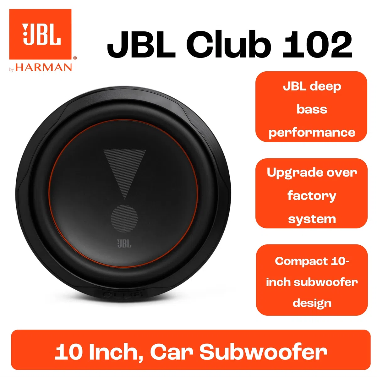 JBL Club 102-1000 Watt Subwoofer Auto Radio für Flach-Einbau in KfZ Musikanlage von Harman Kardon – 10 Zoll Bass Box mit Patentiertes Konusdesign, High-Roll-Sicke und SSI Impedanzschalter 2/4 Ohm