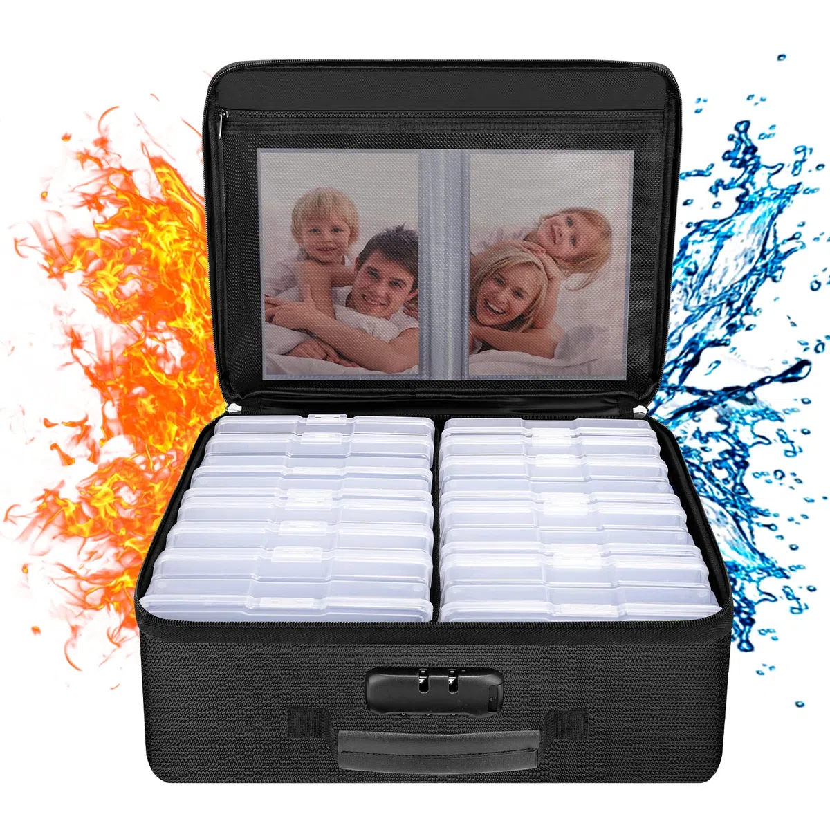 Feuerfeste Foto-Aufbewahrungsbox mit 16 inneren 10.2x15.2 cm großen Foto-Hüllen (transparent), ENGPOW Foto-Box-Organizer mit Schloss, Bilder, Wertsachen