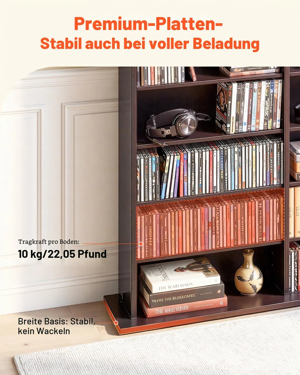 VEVOR DVD-Regal mit 24 Fächern (8 Ebenen), Medienregal Standregal 142 x 22 x 130 cm, Platzsparendes Aufbewahrungsregal für CDs DVDs Bücher Spiele-Discs, Bücherregal für Wohnzimmer/Homeoffice, Braun