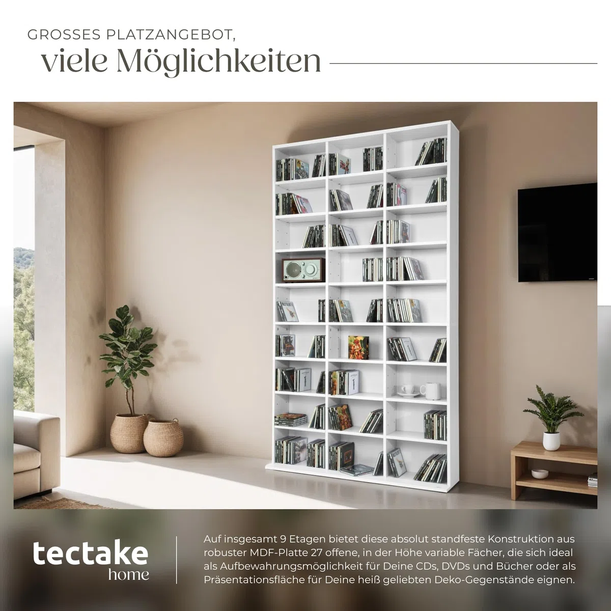 tectake Regal Aufbewahrung, offene Schrank Wand stehend für CDs, DVDs, als Bücherregal, Raumtrenner, Ständer oder Vitrine für Sammlungen und Hobby - weiß