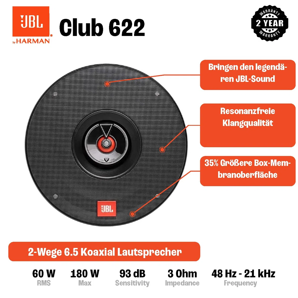 JBL Club 622 2-Wege Auto Lautsprecher Set von Harman Kardon - 180 Watt Pro KFZ Autolautsprecher Boxen 16 - 17 cm, Black