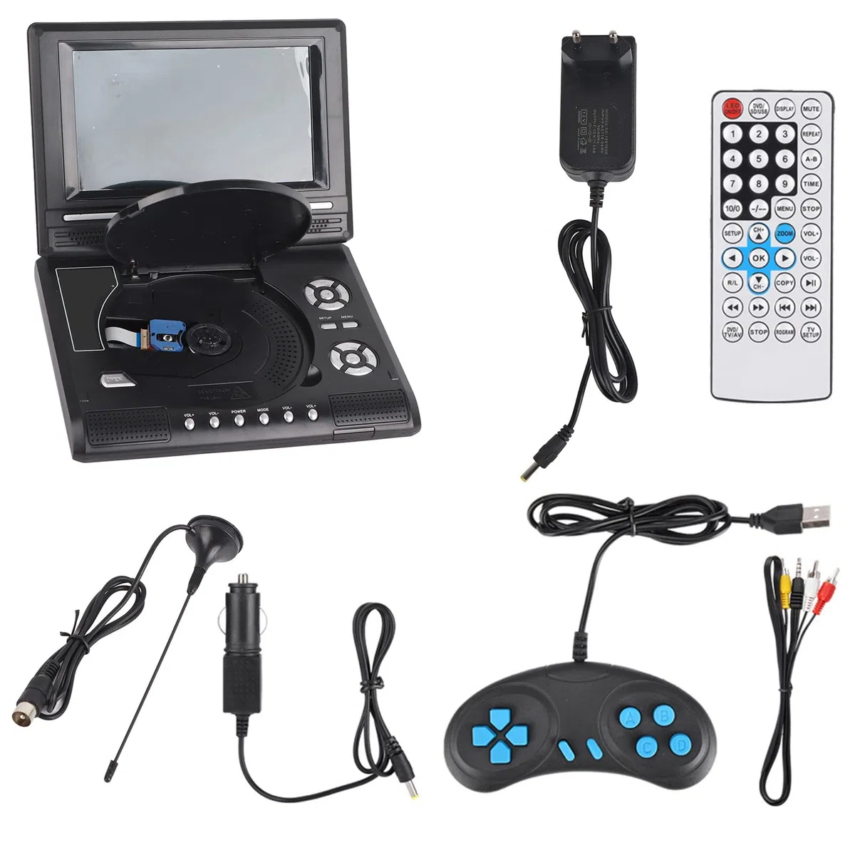 Tragbarer DVD-Player, 7 Zoll Drehbarer Bildschirm, Wiederaufladbar, mit TV-Autoladegerät, Gamepad (EU-Stecker)