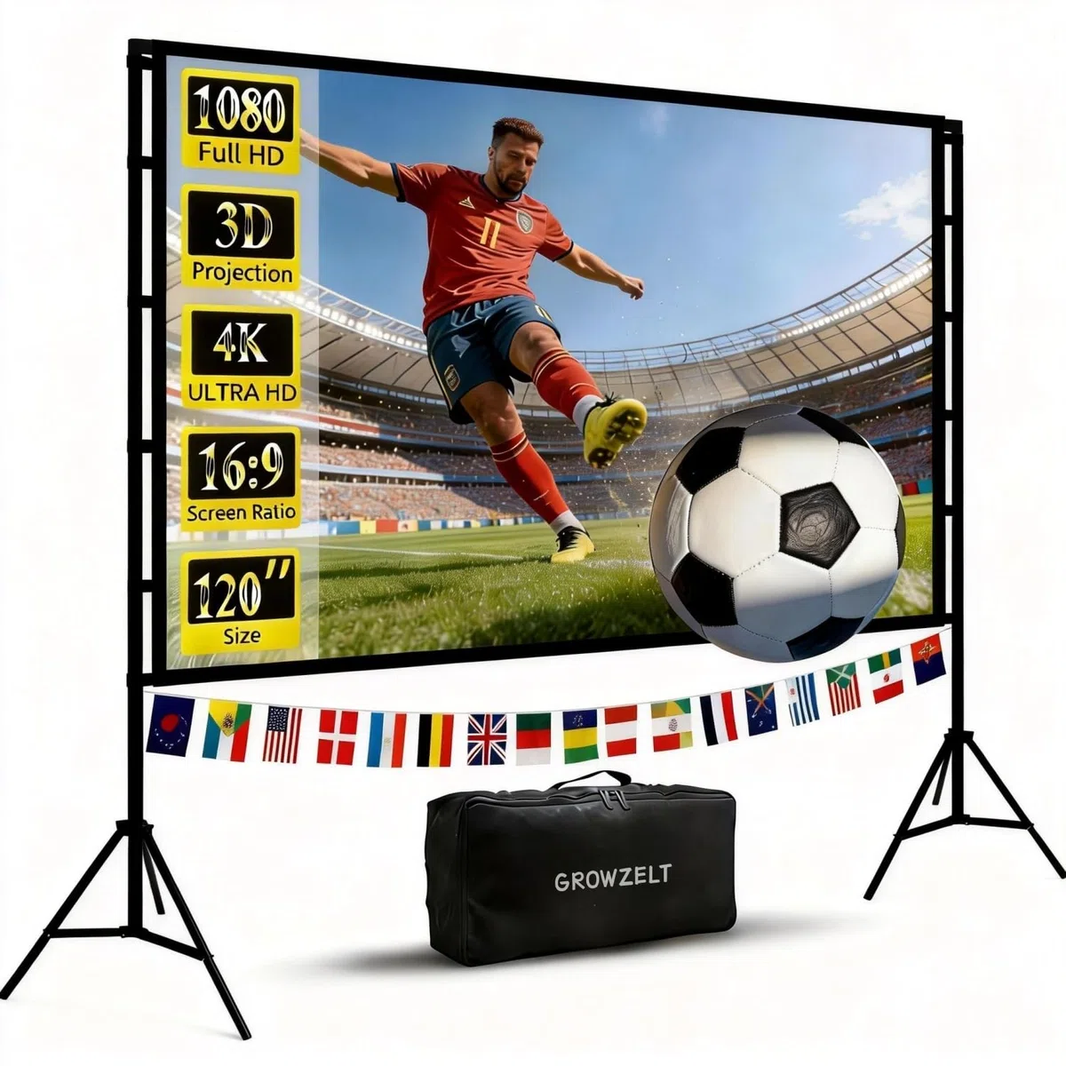 Leinwand Beamer mit Ständer 120 Zoll, Doppelstützen für mehr Stabilität, Schnell & Einfach Aufgebaut, Tragbar, Knitterarm, Beamer Leinwand für Outdoor und Garten, Growzelt
