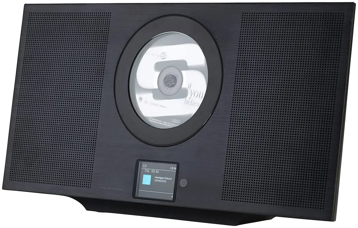 VR-Radio Wandradio flach: Stereoanlage, Alu, Internet-Radio/CD/DAB+/Bluetooth, 60W, DSP, schwarz (Radio flach Wandmontage, vertikale Stereoanlage, Box)