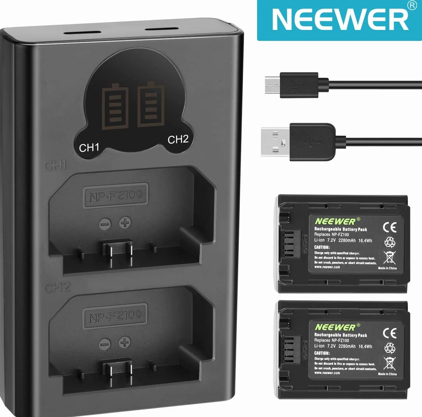 NEEWER 2er Pack NP-FZ100 Ersatzakku und Dual Slot Ladegerät, kompatibel mit A9 III, A9 II, A9, A7RV, A7R IV, A7R III, A7 IV, A7 III, A6700, A6600, A7C, A1, ZV-E1, ZV-E10 II, FX3, FX30, 2280 mAh