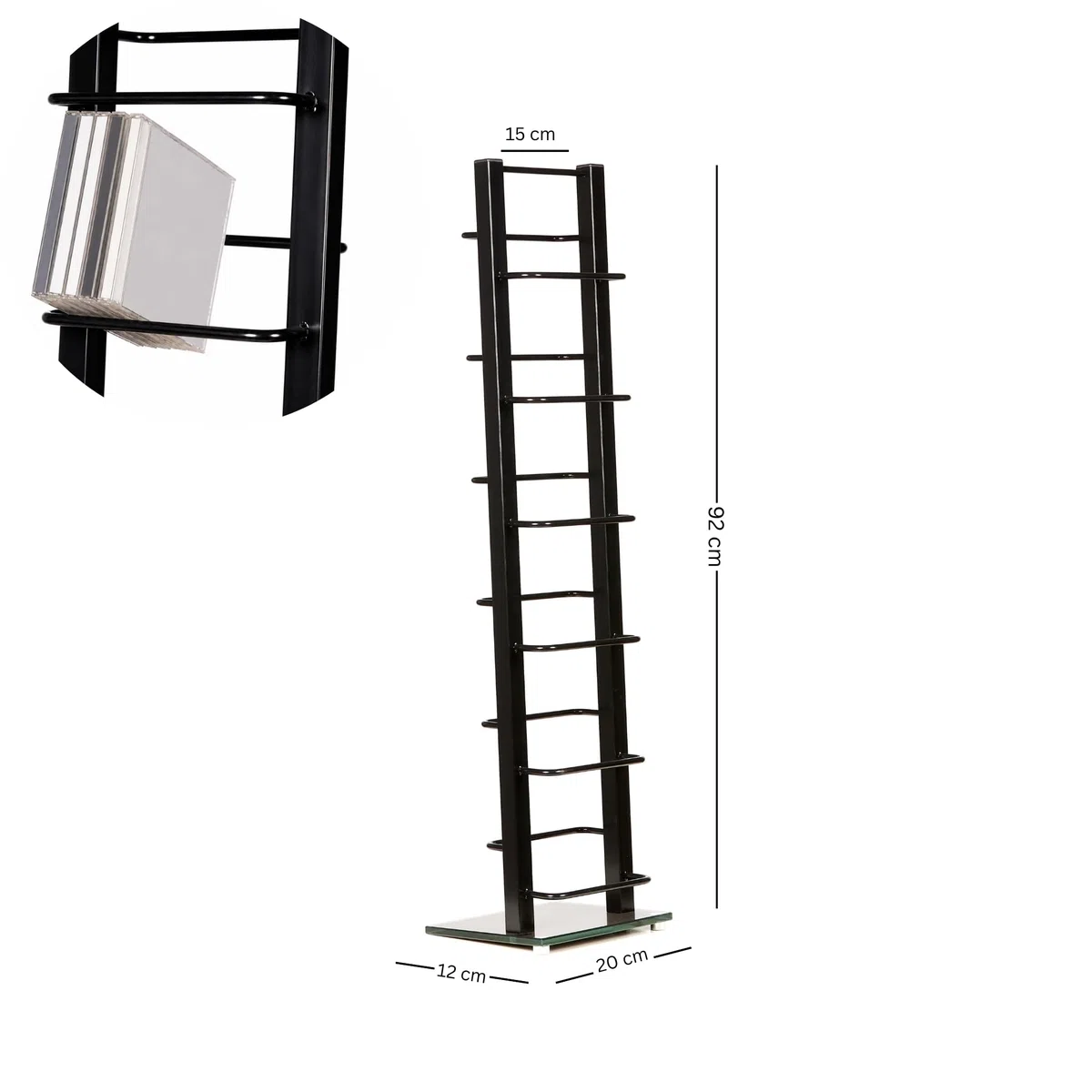 DESIGN CD STÄNDER CD REGAL LOUNGE TOWER schwarz 92cm aus Metall und Glas Aufbewahrung für ca 85 CDs