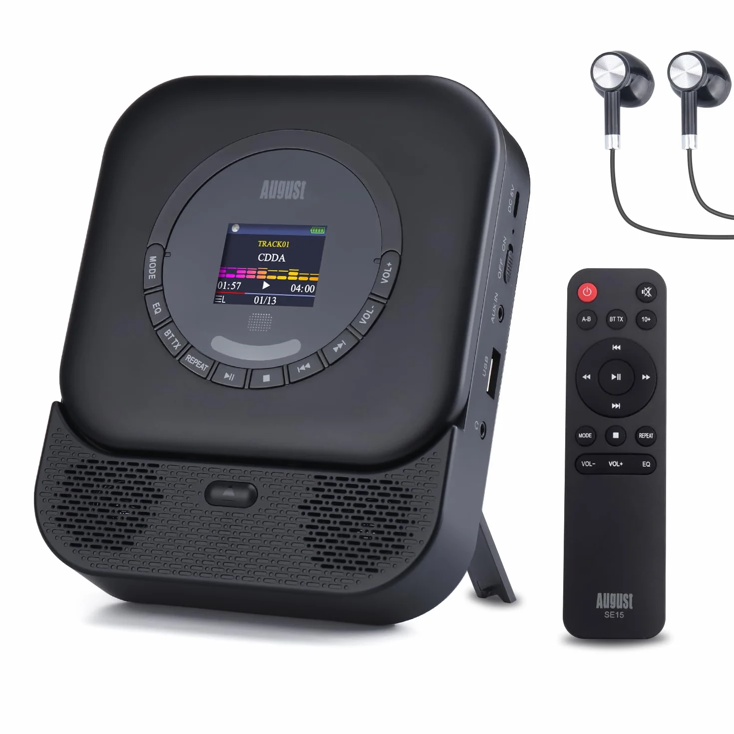 August SE15 Tragbarer Bluetooth 5.3 CD Player mit Lautsprecher 3,5mm Audio In/Out Wiederaufladbar CD Spieler mit USB/Equalizer/Überspringschutz/Wiederholungsmodus/Wandhalterung/Ohrhörer&Fernbedienung