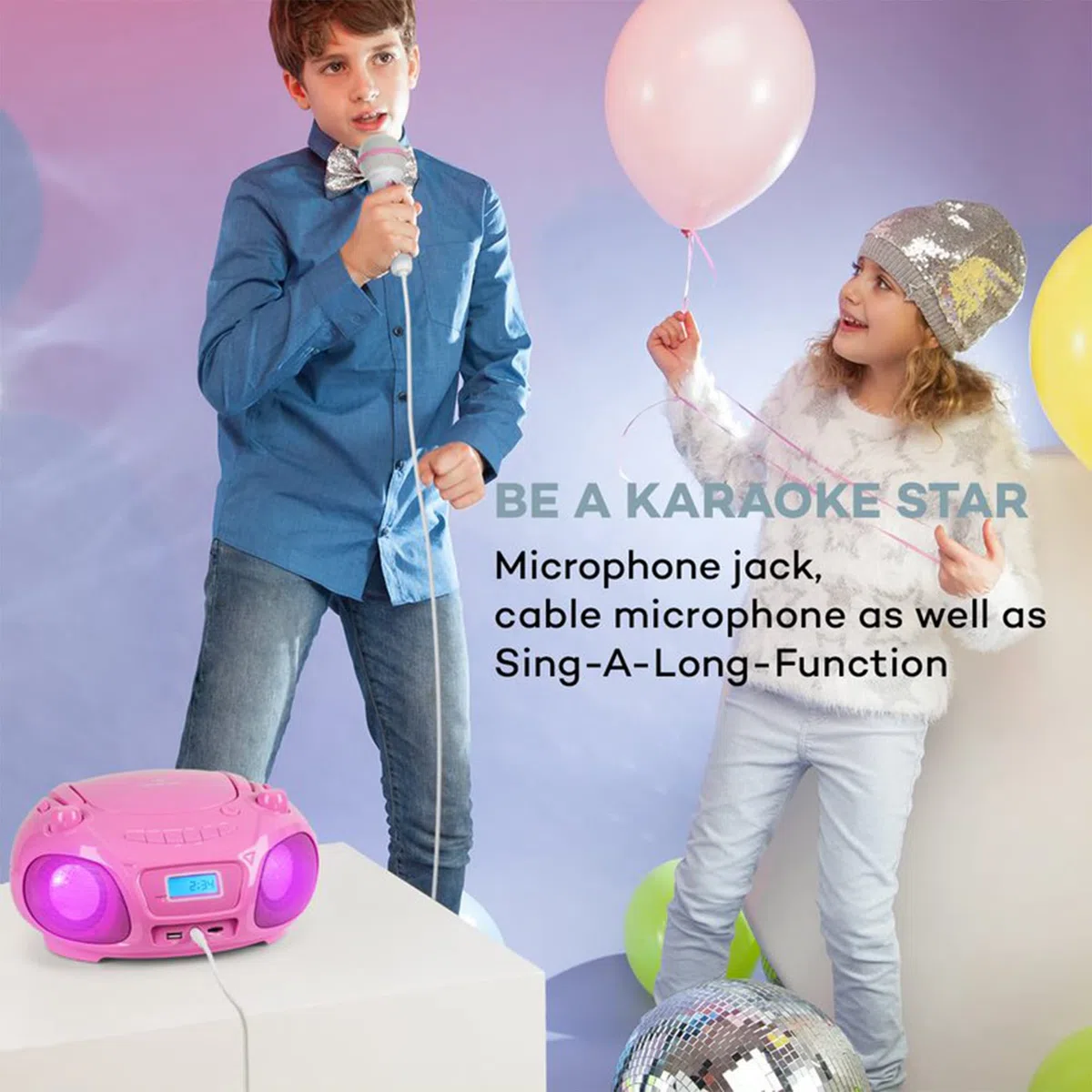 Auna Tragbarer Radio für Kinder mit CD Player, Mikrofon und USB, 3 W Boombox mit Bluetooth Funktion, AUX/FM Radio Tragbar mit LED-Display, MP3, 5.0 Streaming, CD-Radio mit für Mädchen und Jungen