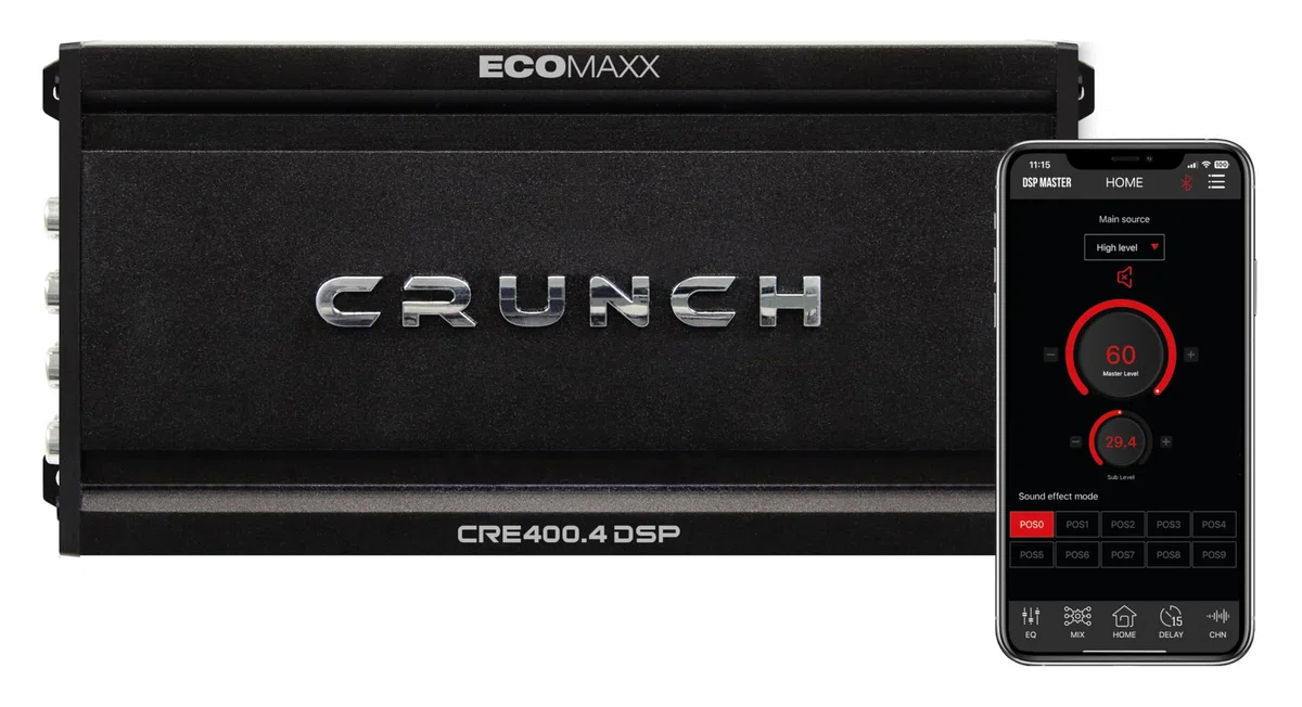 CRUNCH CRE400.4DSP - 4 Kanal CLASS A/B Auto Verstärker - 4 x 50W - und integriertem 6 Kanal 32 Bit DSP - integriertem Bluetooth für Audio Steaming und APP Steuerung | ECOMAXX Serie
