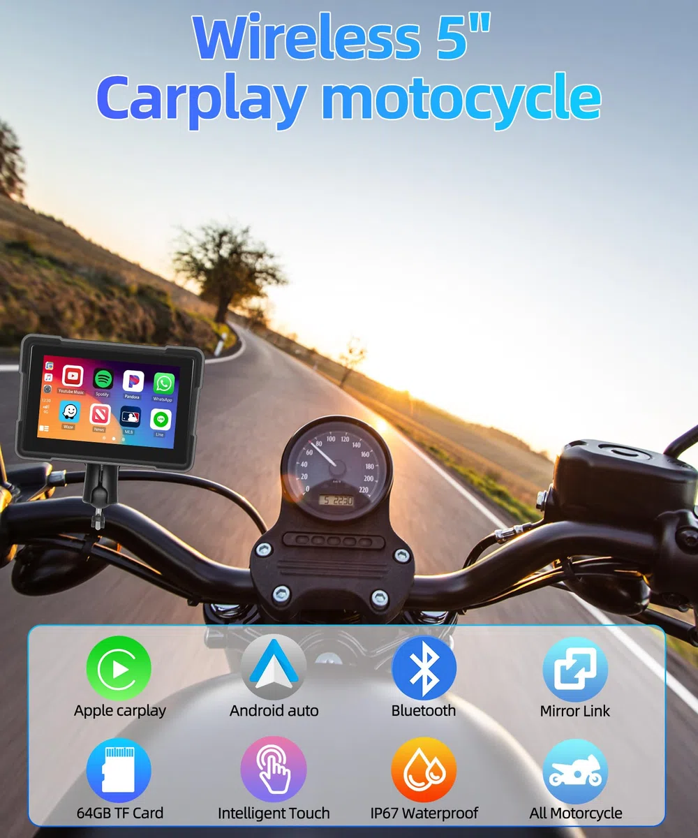 CAMECHO Motorrad Navigationsgeräte 5 Zoll HD-Touchscreen Wasserdicht mit 64G TF Karte mit Navi Wireless Carplay Android Auto Bluetooth FM EQ Musik Leistungsstarker Chip 4 Thema für Alle Motorräder