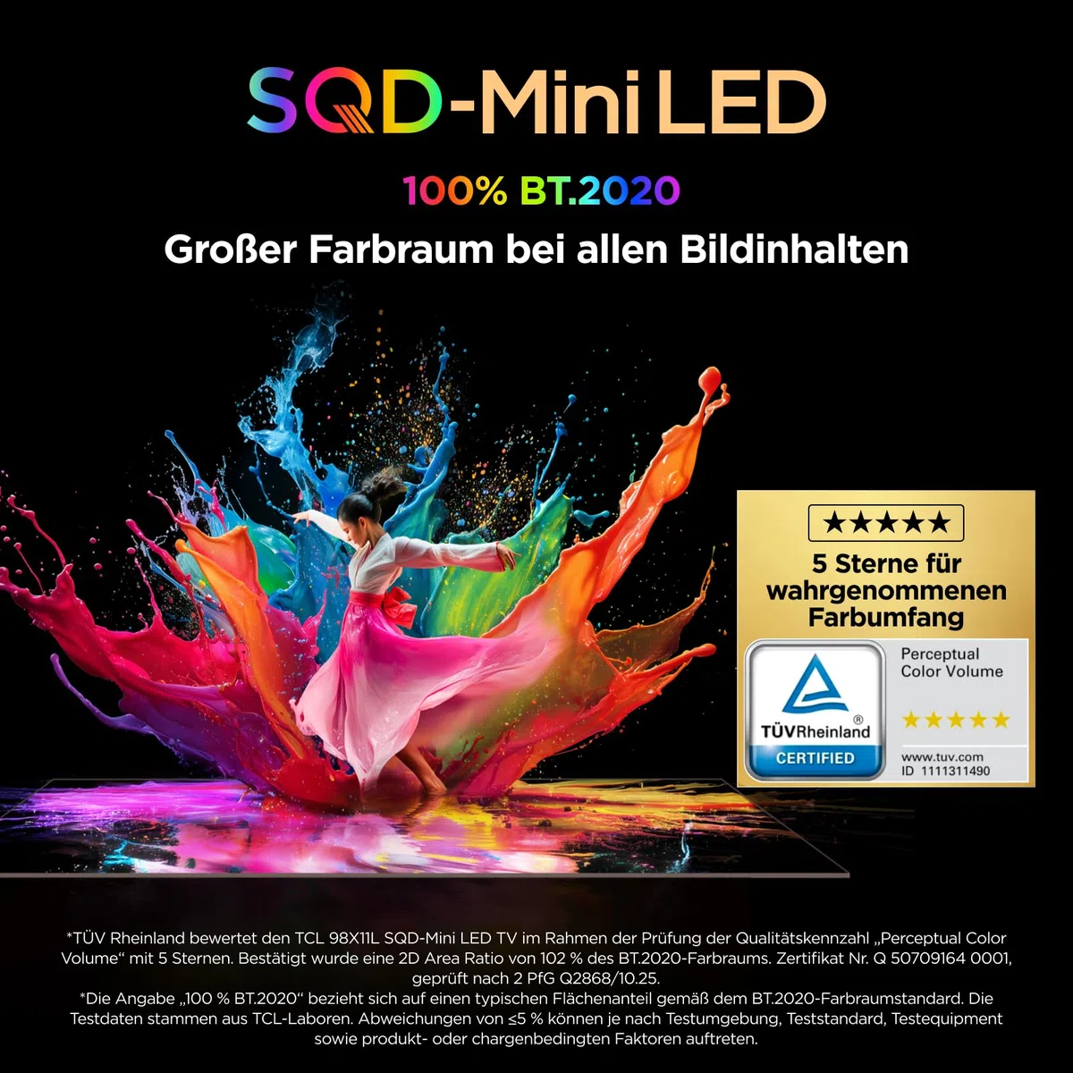 TCL 65Q7D PRO 65 Zoll 4K SQD-Mini LED TV, 100% BT.2020, 646 Local Dimming Zonen, 2.000 Nits HDR, Antireflexion, 144 Hz, Dolby Vision IQ & Dolby Atmos, Google TV