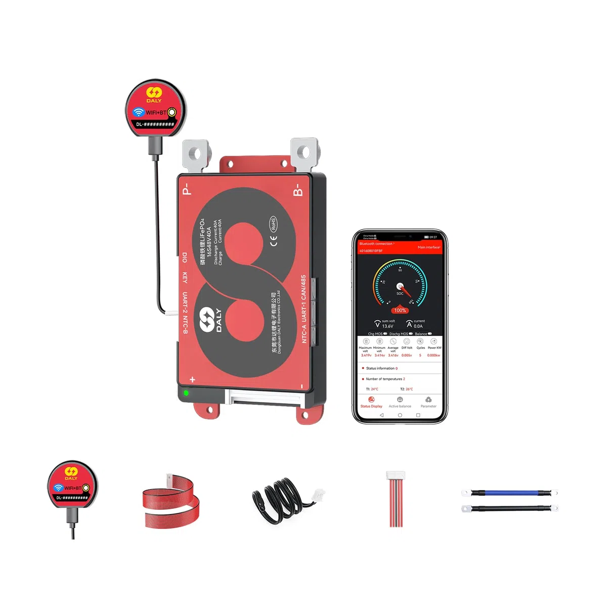 DALY Smart 16S BMS 48V WiFi Modul CAN RS485 Kommunikationsschutzplatine für LifePO4 Lithium Batterie Pack 40A