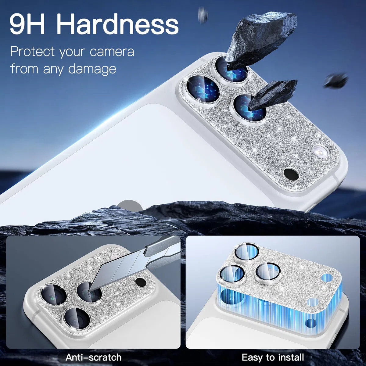 [2 Pack Bling Kamera Objektiv Bildschirmschutz für iPhone 17 Pro Max mit 9H gehärtetes Glas Luftfahrt Aluminium Platte Abdeckung Metallring, Nachtkreis, HD Klarheit-Glitter Silber