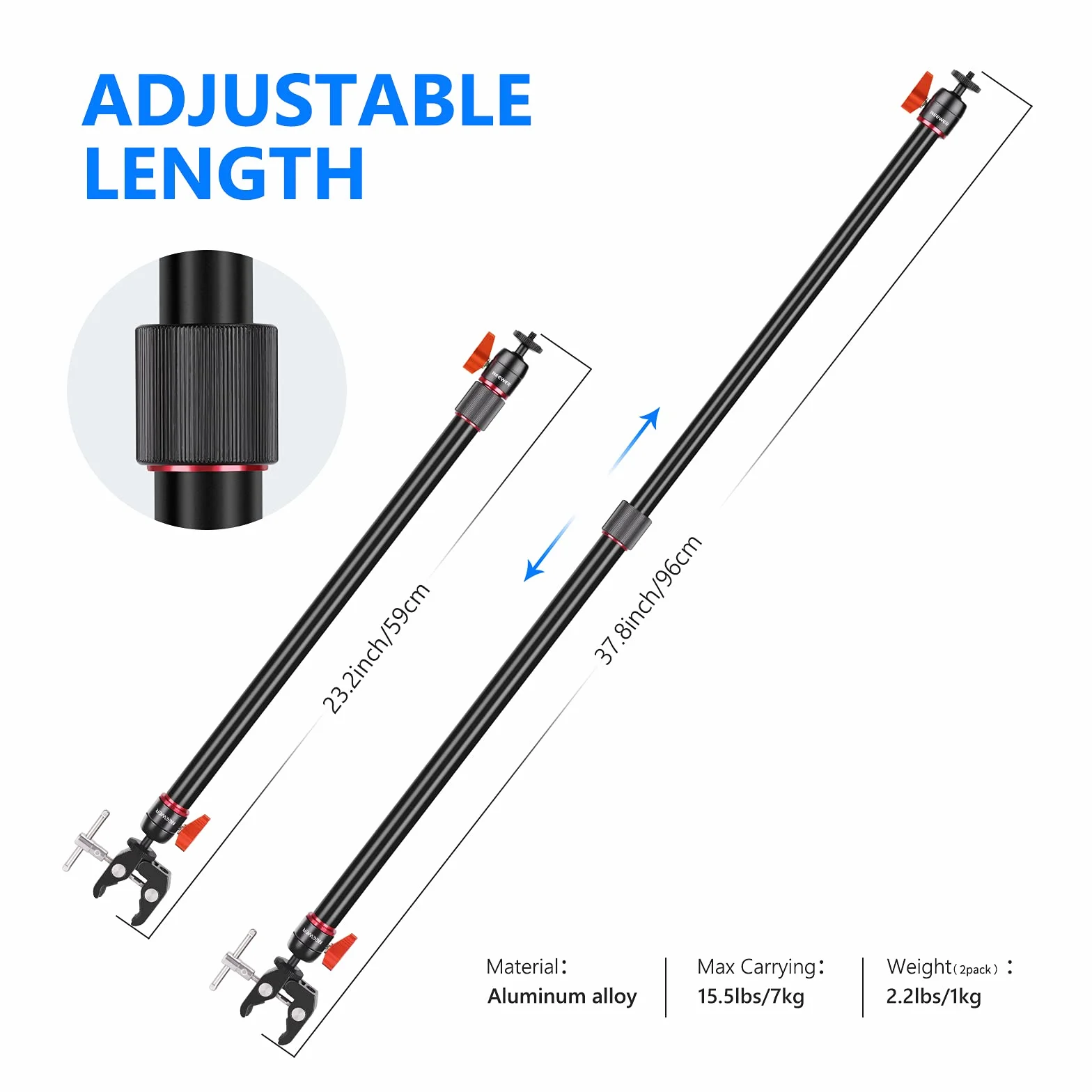 NEEWER Kamera Slider Stützarm 2 Pack Verstellbarer Stativ-Stabilitätsarm zur Erhöhung der Stabilität aus Aluminiumlegierung, ausziehbare Stangen für Kamera Video mit C-Klemmen und Kugelkopf