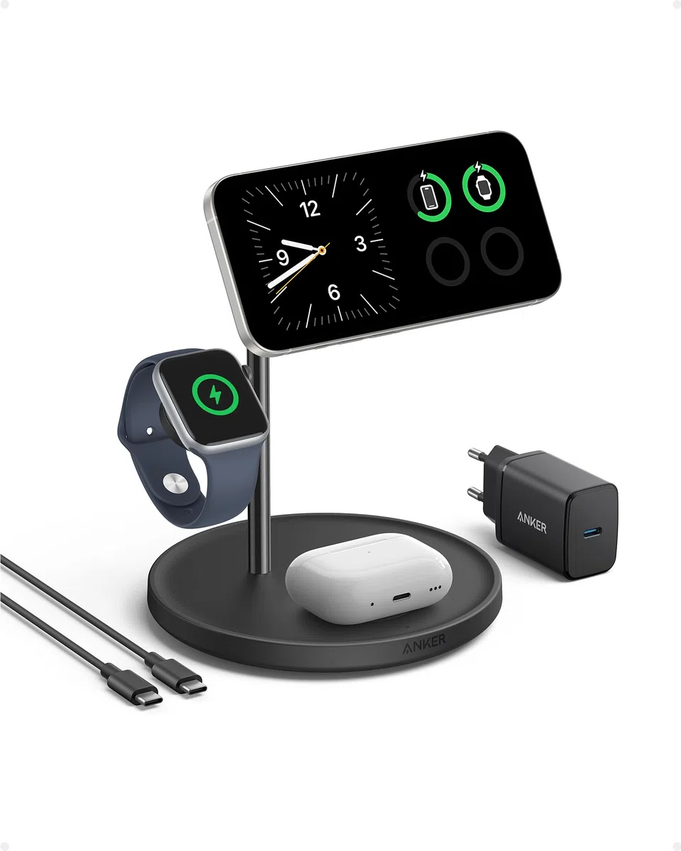 Anker MagGo 3-in-1 Kabellose Ladestation, 15W kabelloser Ladeständer, MagSafe-kompatibel, Qi2-zertifiziert, für iPhone 17/16/15/14 Serie, AirPods Pro, Apple Watch Ultra (Mit USB-C Netzteil und Kabel)