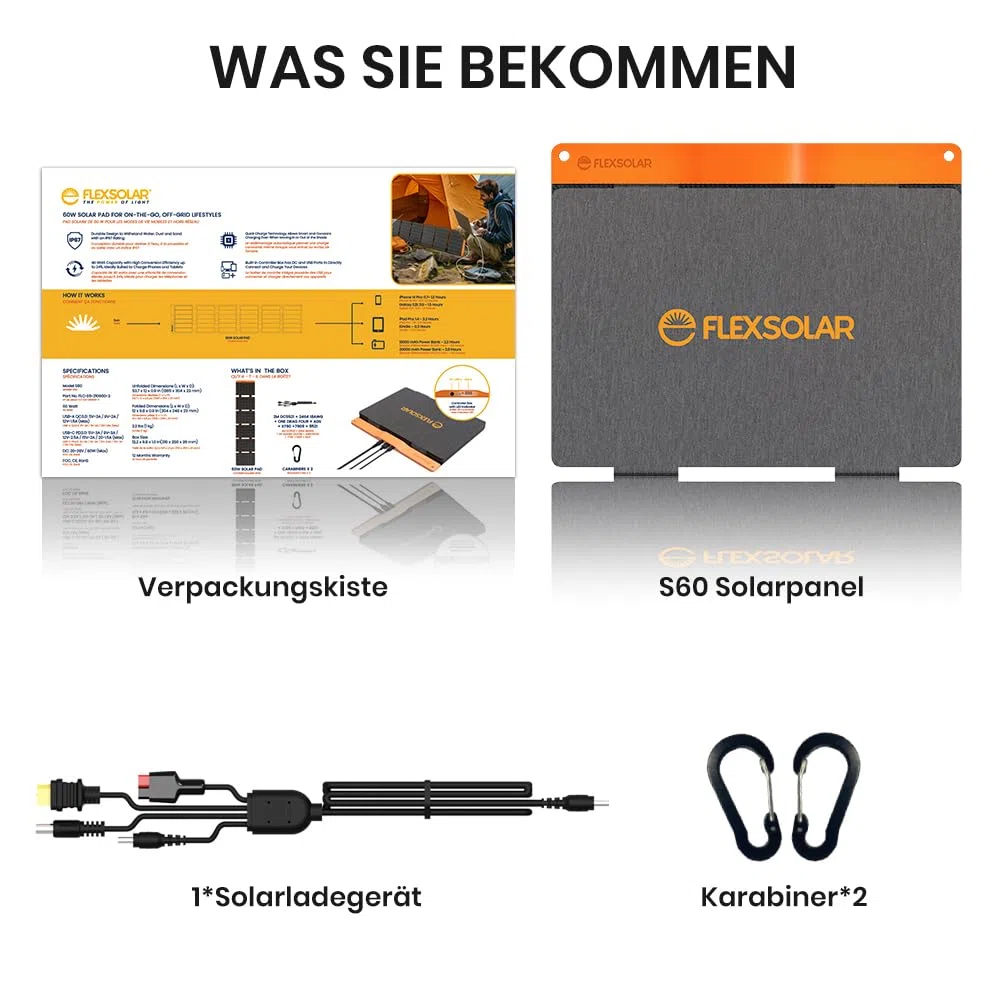 Solarpanel 60W, Flexsolar Tragbares faltbares Solarladegerät IP67 wasserdichtes Notstromcamping, geeignet für kleine Generatoren, Telefone, mobile Energiebanken, PCs