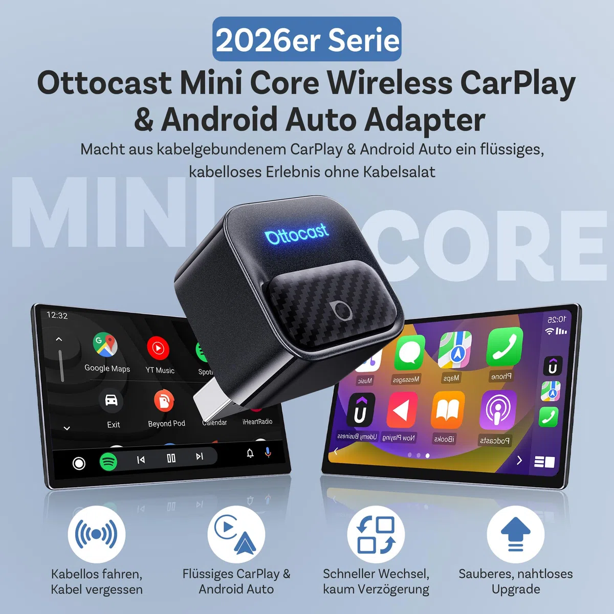 OTTOCAST Mini Core 2-in-1 Kabelloser CarPlay & Android Auto Adapter, Micro Mini Cube Wireless Car Dongle mit Smart-Switch-Taste, Wi-Fi 6 & Bluetooth 5.4, Automatische Verbindung für 98% der Fahrzeuge