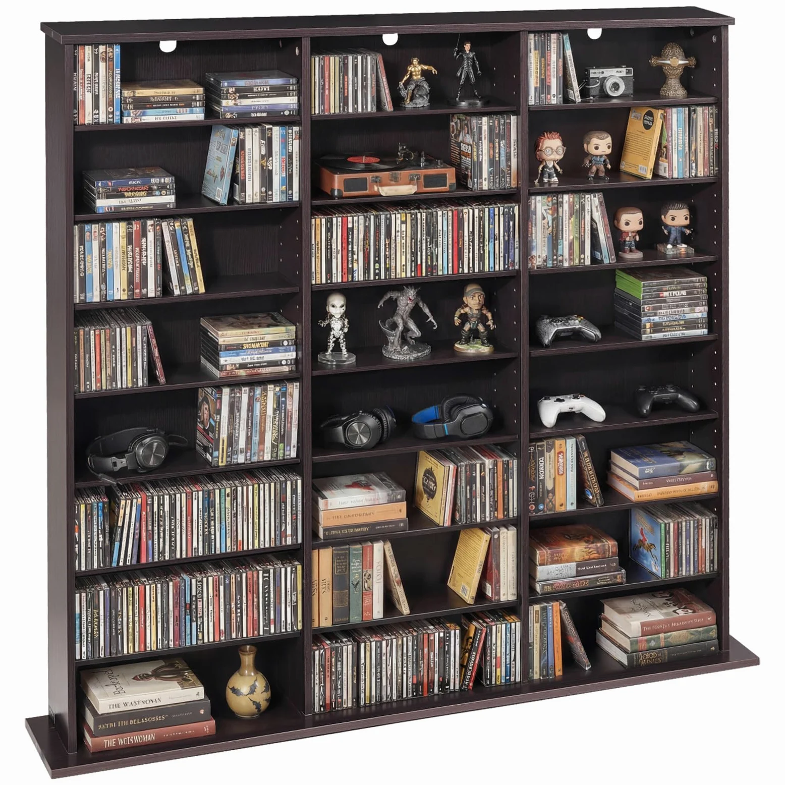 VEVOR DVD-Regal mit 24 Fächern (8 Ebenen), Medienregal Standregal 142 x 22 x 130 cm, Platzsparendes Aufbewahrungsregal für CDs DVDs Bücher Spiele-Discs, Bücherregal für Wohnzimmer/Homeoffice, Braun