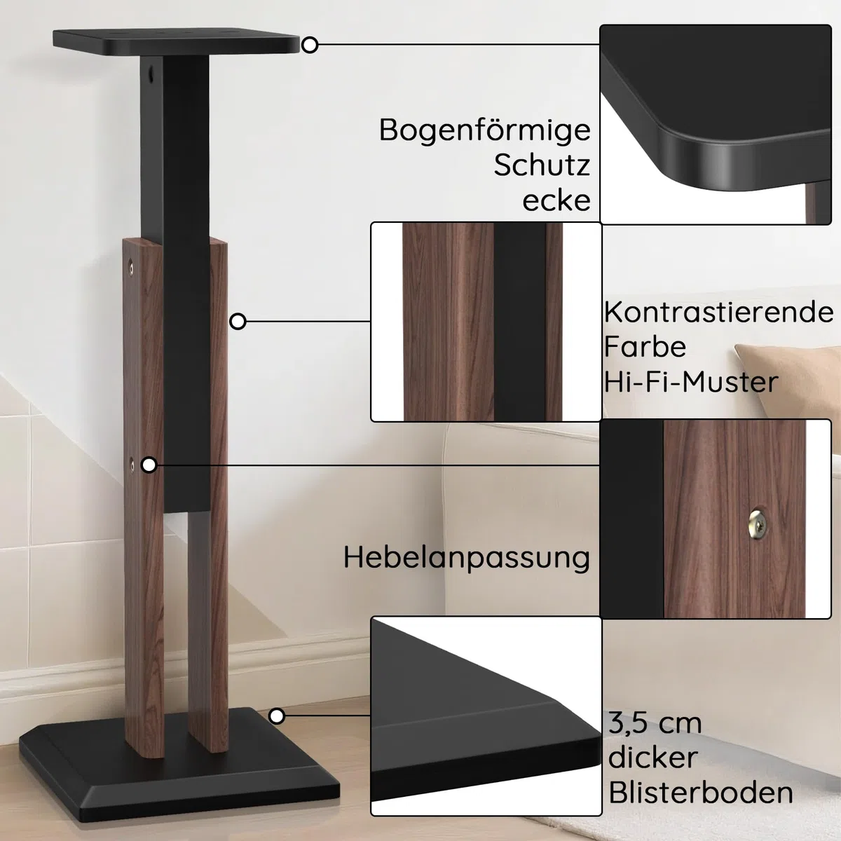 Lautsprecherständer 65-85cm höhenverstellbar, Boxenständer Holz für Satelliten Regallautsprecher von 4 bis 10 Zoll, 20kg Tragkraf, 2er-Set