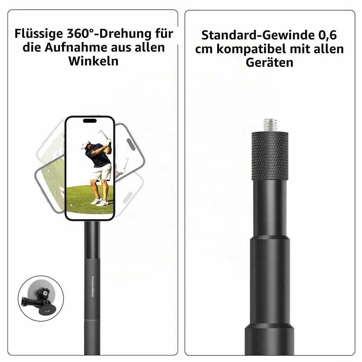 PräzisionsMeister Golf Einbeinstativ Selfie Stick, Golfschwung aufnehmen mit magnetischer Handyhalterung, Verstellbares Stativ mit Erdspieß, Kompatibel mit GoPro Insta