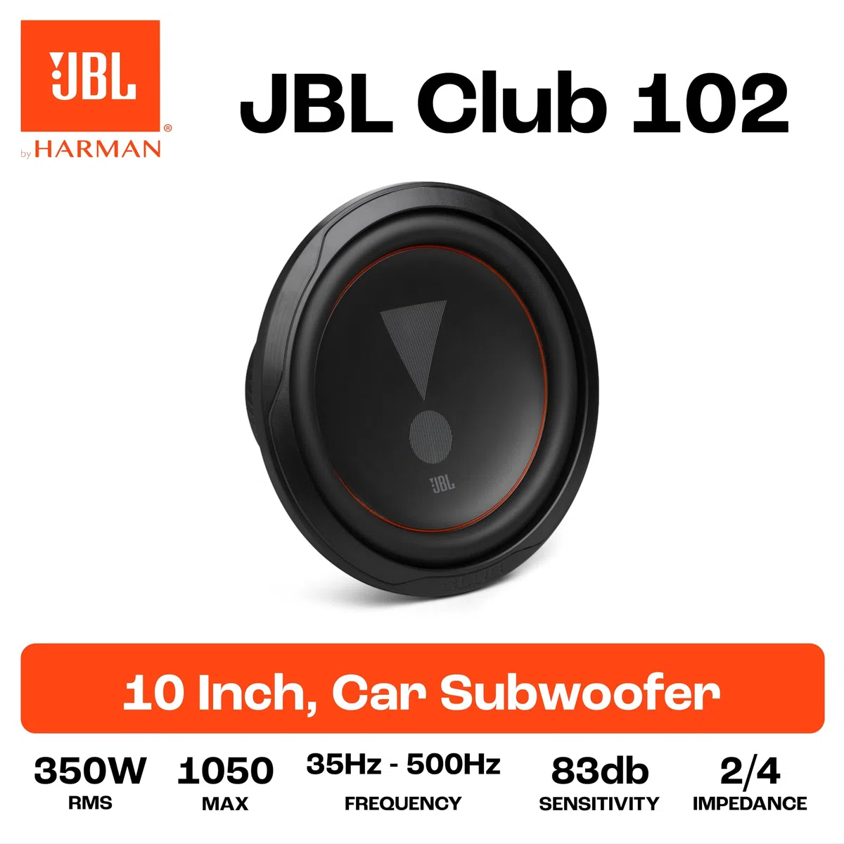 JBL Club 102-1000 Watt Subwoofer Auto Radio für Flach-Einbau in KfZ Musikanlage von Harman Kardon – 10 Zoll Bass Box mit Patentiertes Konusdesign, High-Roll-Sicke und SSI Impedanzschalter 2/4 Ohm