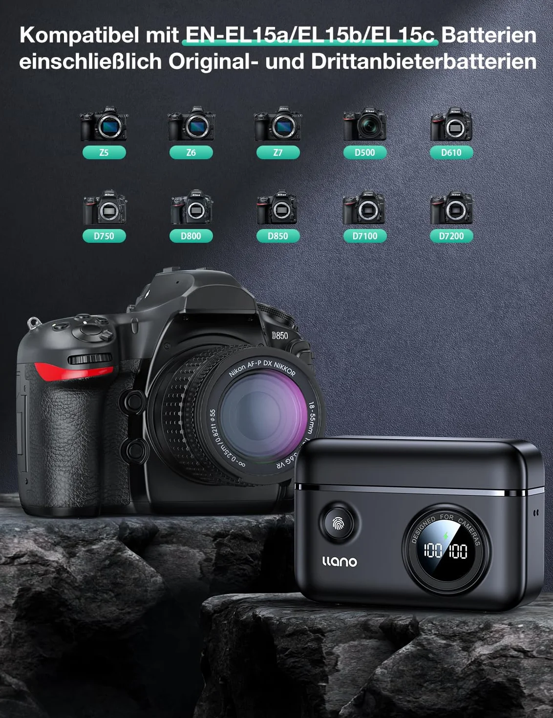 llano EN-EL15c EN-EL15a EN-EL15b Kamera Akku Ladegerät Set Kompatibel mit Nikon Zf/Z5/Z6/Z7/Z8/D7500/D780/D850/D500/D610, 2-Pack 2400mAh Batterien Smartes Digitales Display Magnetische Abdeckung