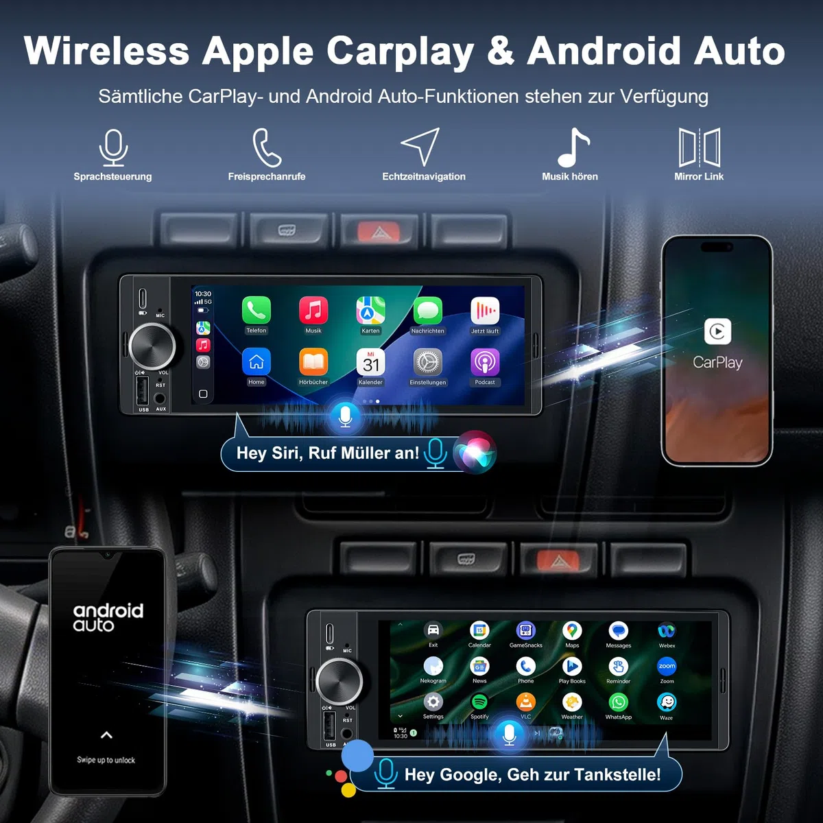 1 DIN Bluetooth Autoradio mit Bildschirm, Single DIN Auto Radio mit Wireless Apple CarPlay Android Auto Navi Rückfahrkamera FM Freisprecheinrichtung Lenkradsteuerung Mirror Link 6,9”Touch Display
