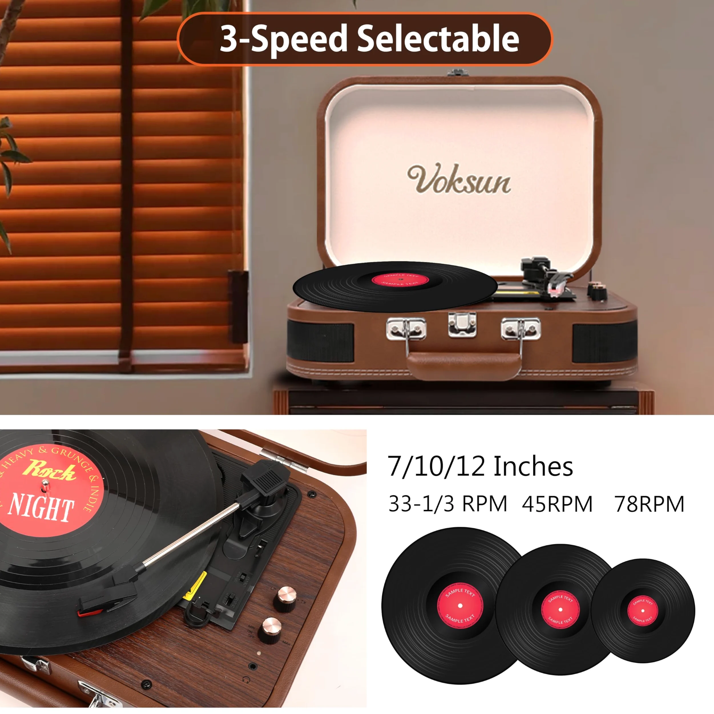 Plattenspieler, Bluetooth Schallplattenspieler Vinyl Plattenspieler Turntable und Digital Encoder mit 3-Gang 33/45/78 U/min Eingebauter 2 Stereo Lautsprecher Aux-In RCA,Kofferdesign (Braun)