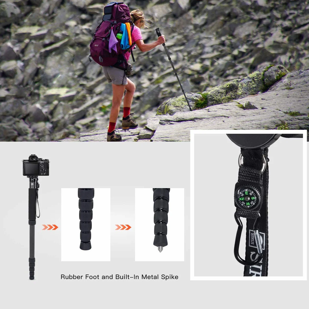 SIRUI AM-326M Einbeinstativ Carbon Monopod Reisestativ 6 Abschnitt Kohlefaser Tragbar Kompakt Leichtes Reise-Einbeinstativ, Max. Belastung 10kg