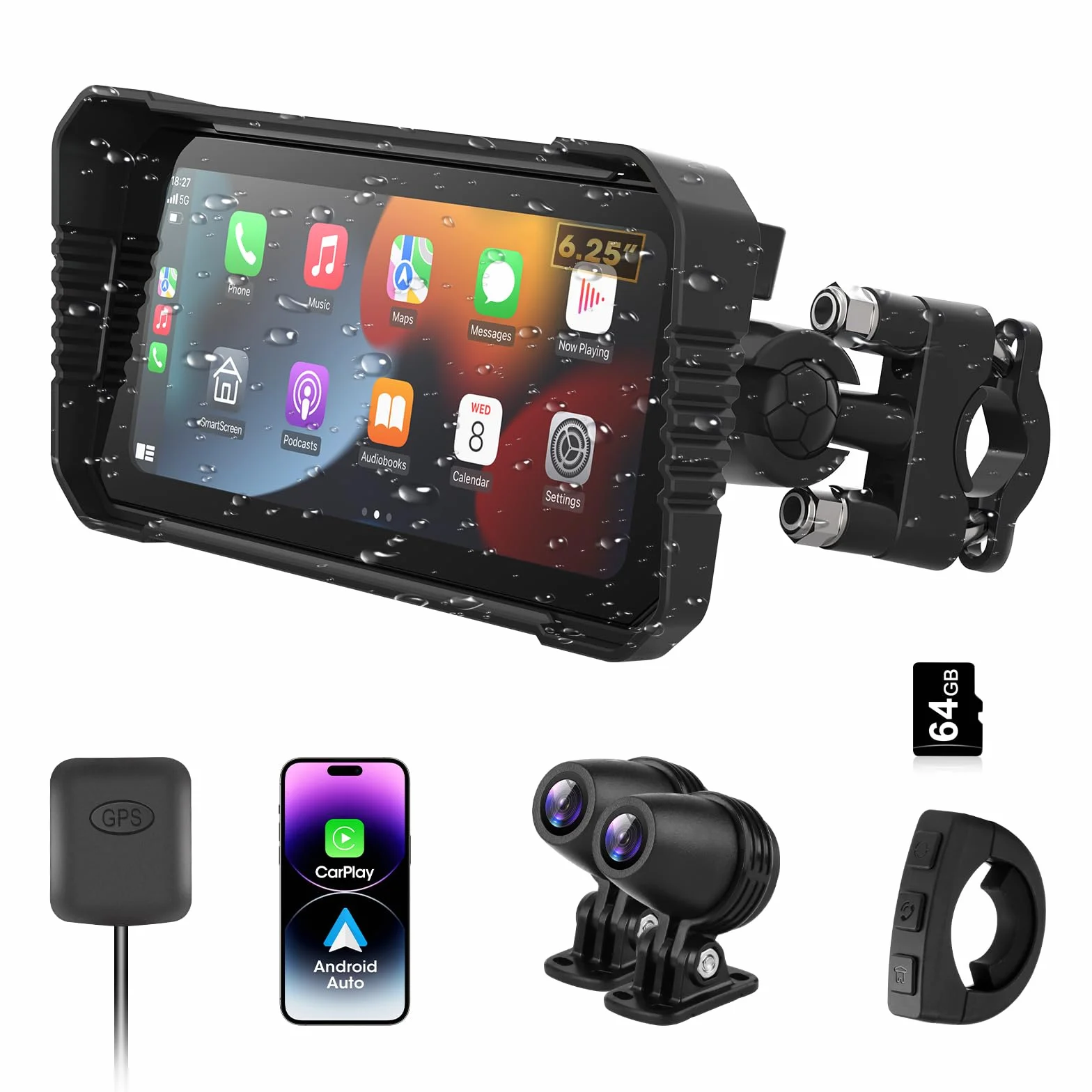 Vtopek 4K Dashcam Motorrad CarPlay 6,25-Zoll Motorrad Display Wireless Carplay Android Auto Motorradnavigationsgeräte IP67 Wasserdicht Motorad Navigation Dual-Bluetooth Siri Fernbedienung 64GB-Kart