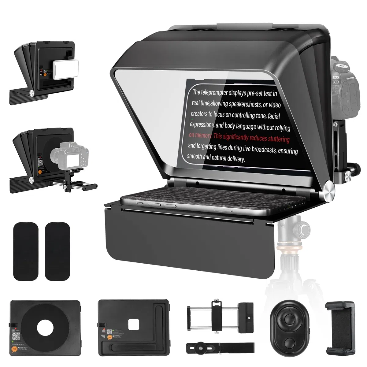 Soonpho T1 Teleprompter for Smartphone Tablet Camera DSLR up to 7.9 inches Supports Wide Angle Lenses with Remote APP Bluetooth Control Compatible with iOS/Android Systems for Vlog Live Streaming
