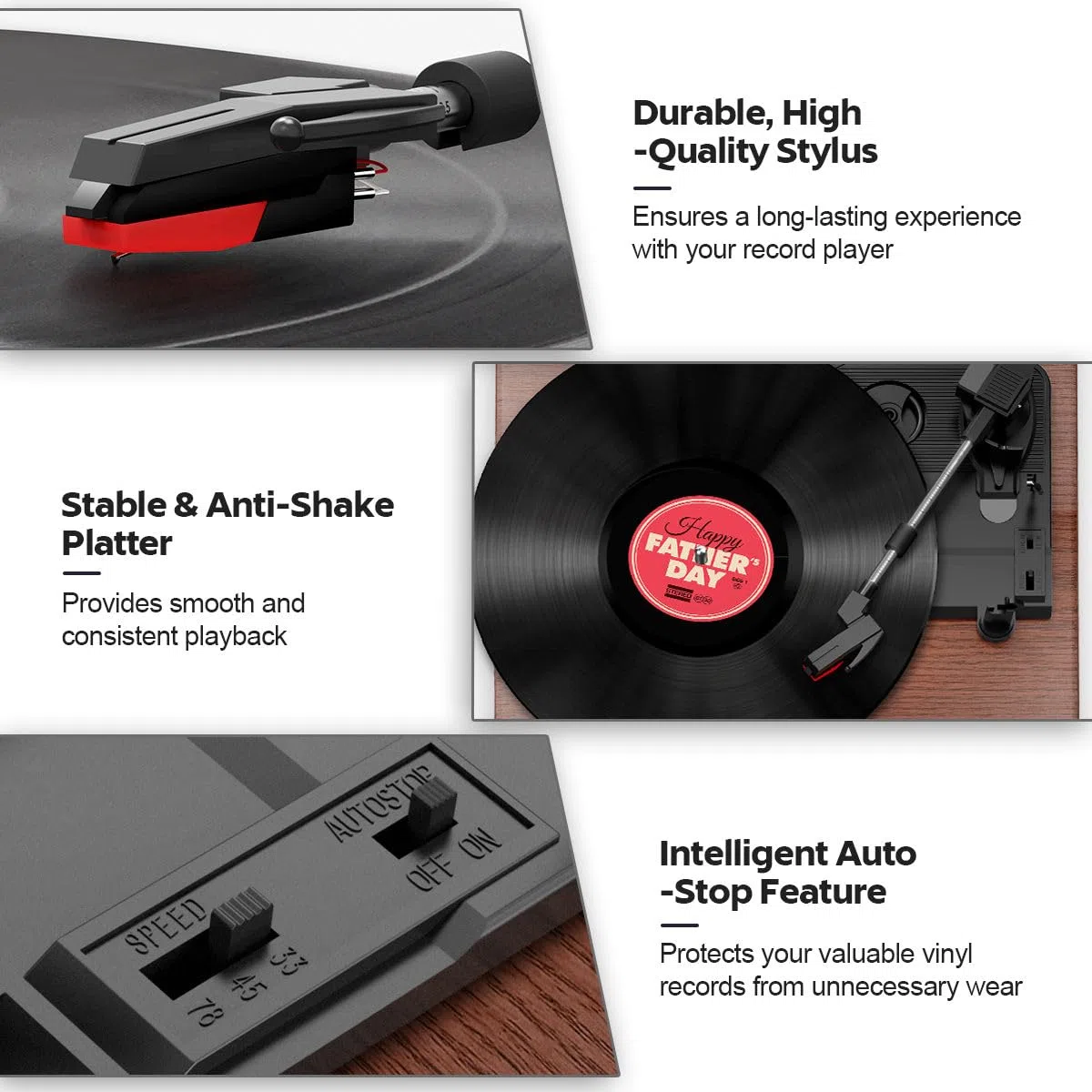 FYDEE Plattenspieler, Bluetooth 5.4 Schallplattenspieler mit Einstellbarer Auflagekraft, 2x3W Stereo Lautsprecher, 3 Geschwindigkeiten Record Player für Wohnzimmer, RCA/AUX, Auto-Stopp, Dunkelrot