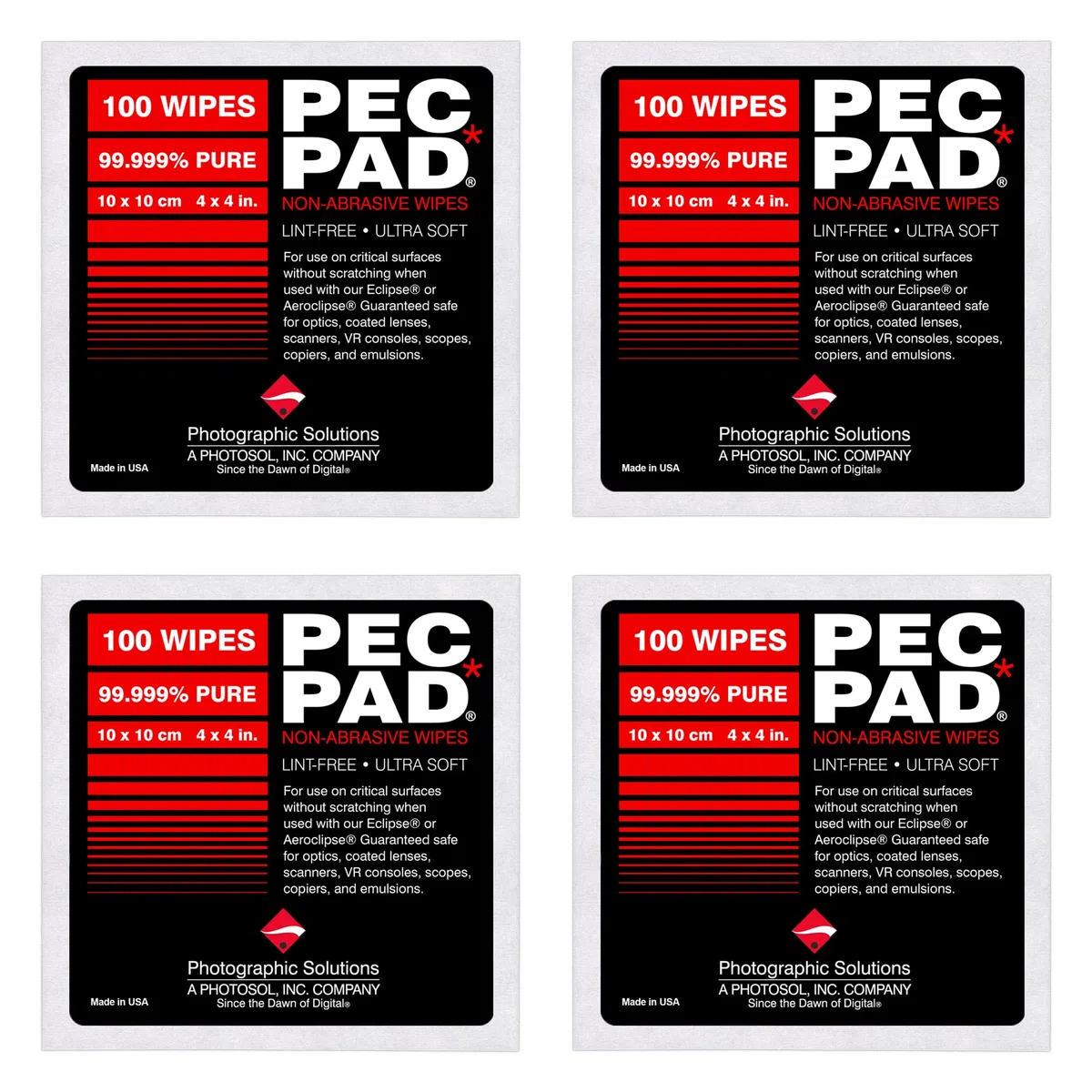 PEC-PAD Lint Free Wipes 4”x4” Non-Abrasive Ultra Soft Cloth for Cleaning Sensitive Surfaces like Camera, Lens, Filters, Film, Scanners, Telescopes, Microscopes, Binoculars. (100 Sheets Per/Pkg) 4-Pack
