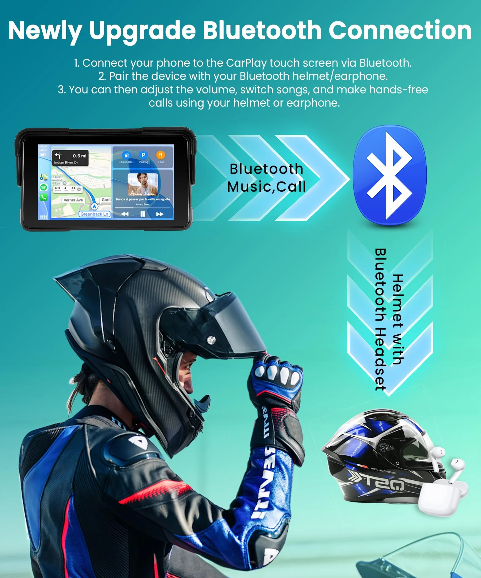 VECHTEL Motorrad Navi Kabelloses CarPlay und Android Auto per Moto, 5 Zoll HD Touchscreen GPS Navigation für Motorrad mit IP68 Wasserdicht, Bluetooth, Assistente Siri/GOO-gle, TPMS, Typ-C