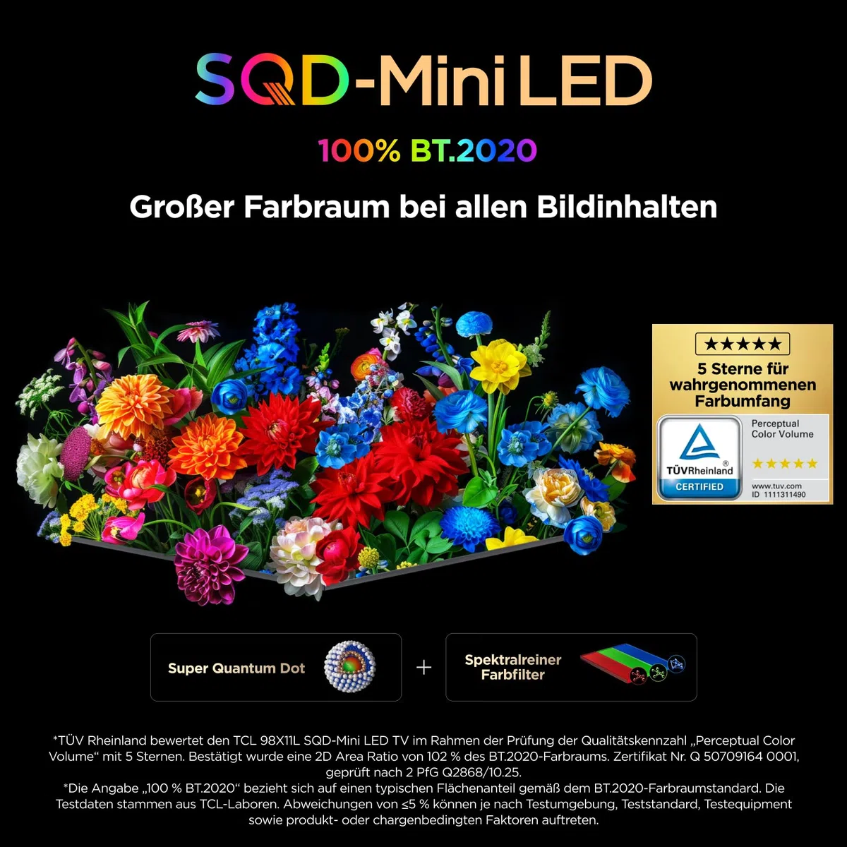 TCL 75C8L 75 Zoll SQD-Mini LED Google TV, 100% BT.2020, Super Quantum Dot, 5.500 Nits, 2.584 Local Dimming Zonen,144 Hz, Bang & Olufsen Sound, Dolby Vision & Atmos, Entspiegeltes Display, ZeroBorder