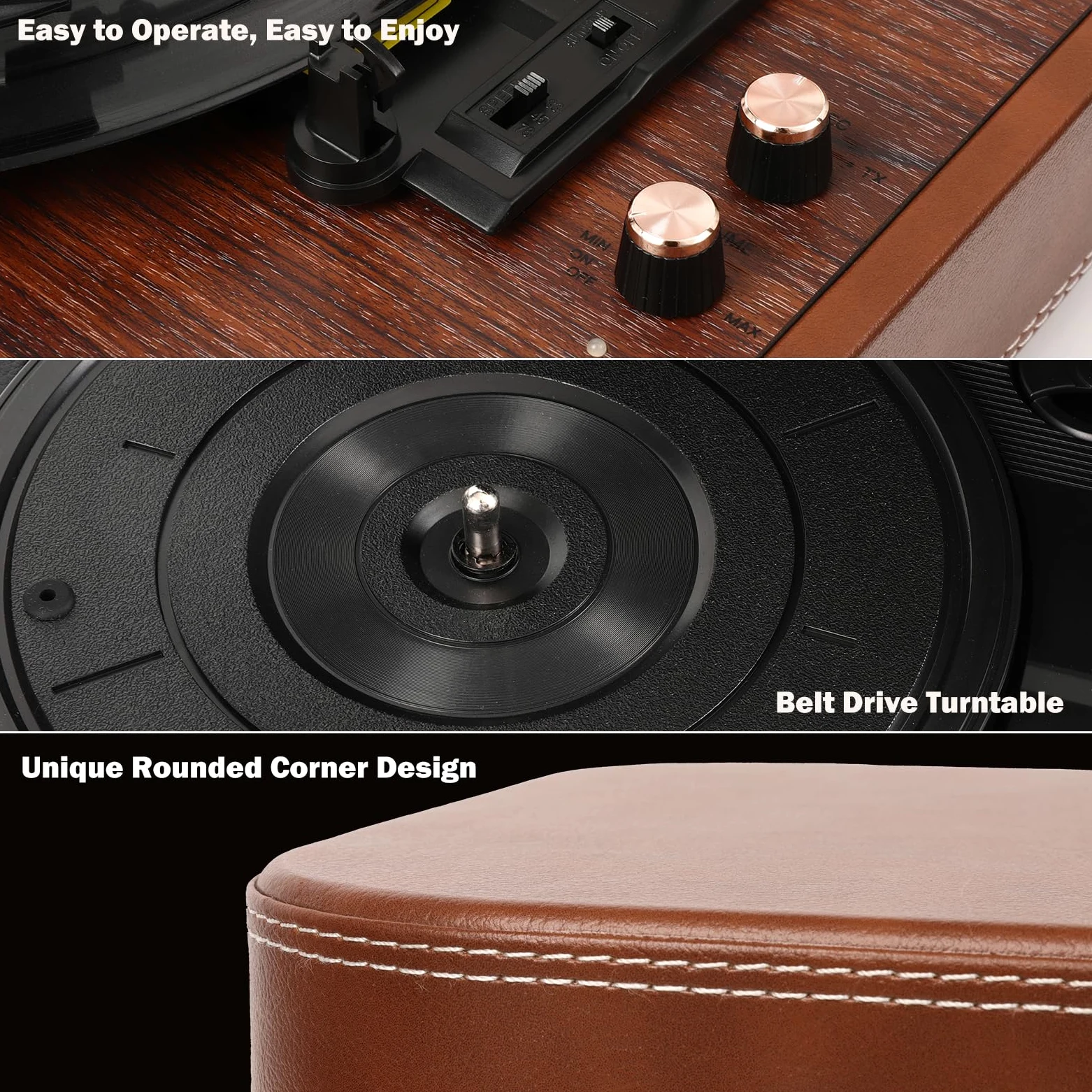 Plattenspieler, Bluetooth Schallplattenspieler Vinyl Plattenspieler Turntable und Digital Encoder mit 3-Gang 33/45/78 U/min Eingebauter 2 Stereo Lautsprecher Aux-In RCA,Kofferdesign (Braun)