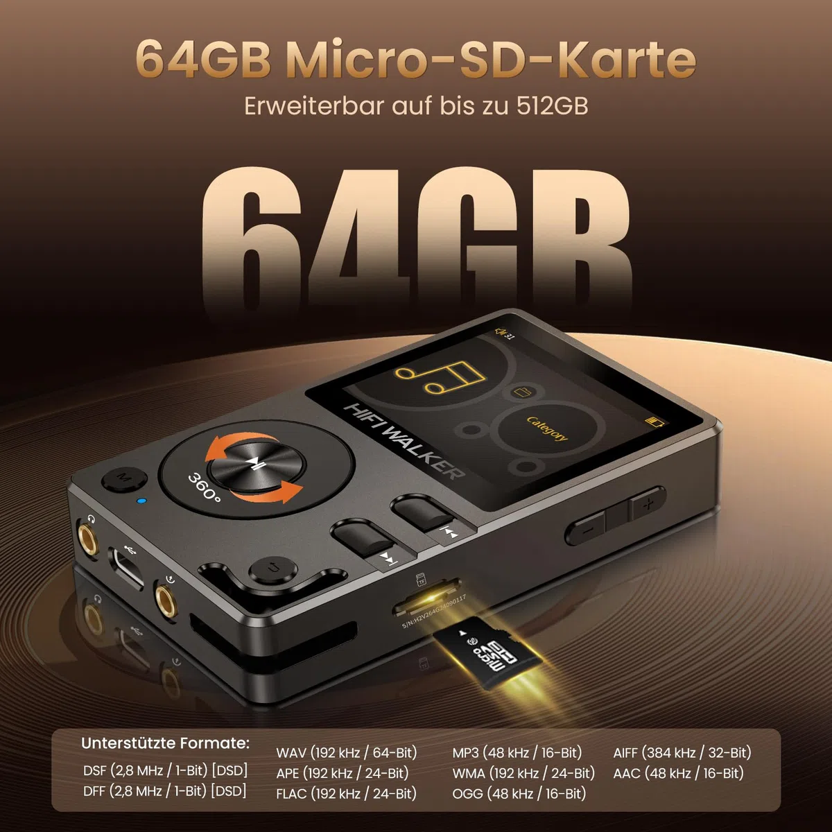 HIFI WALKER H2 MP3 Player mit Bluetooth 5.2, DSD DAC Hi-Res FLAC Verlustfreier Musikplayer, Tragbarer Digitaler Audioplayer 64GB Speicher erweiterbar bis 512 GB